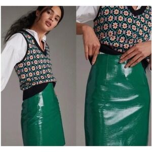 Anthropologie Porridge Faux Vegan Leather‎ Kelly Green Croc Pencil Skirt Size S